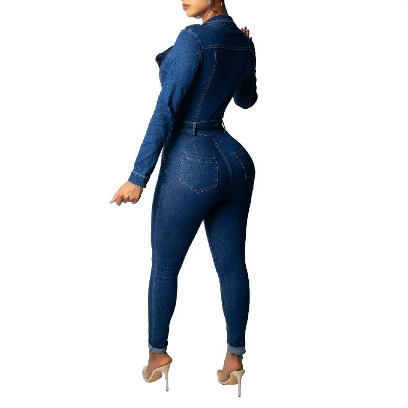 Women's Fashion New V Neck Notched Neck with Zip High Waist Belt Denim pencil Long Jumpsuit Fashion Casual Romper Playsuit S-2XL Women's Fashion New V Neck Notched Neck with Zip High Waist Belt Denim pencil Long Jumpsuit Fashion Casual Romper Playsuit S-2XL