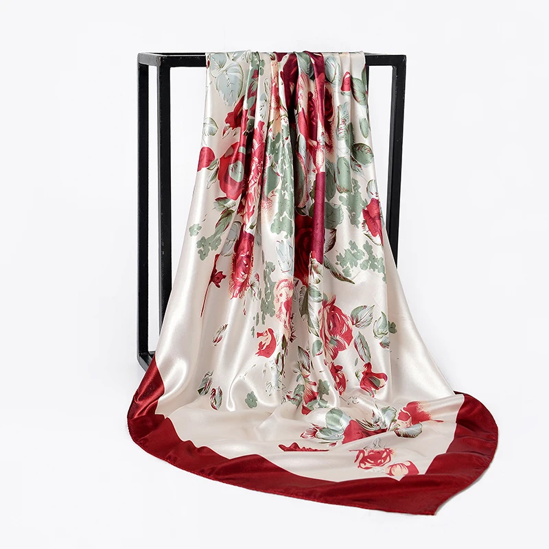 

1 Hijab Scarf Chinese Print Large Square Scarves New Female Elegant Large Silk Scarf Fashion Ladies Accessories 90*90cm 37 color