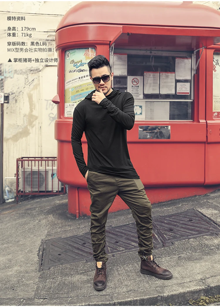Men Autumn New European Style High Collar Long Sleeve Hooded T-shirt with Cap Men Slim Casual Cotton Irregular T-shirt T908 HTB1S4H7XzDuK1RjSszdq6xGLpXav - Men Autumn New European Style High Collar Long Sleeve Hooded T-shirt with Cap Men Slim Casual Cotton Irregular T-shirt T908
