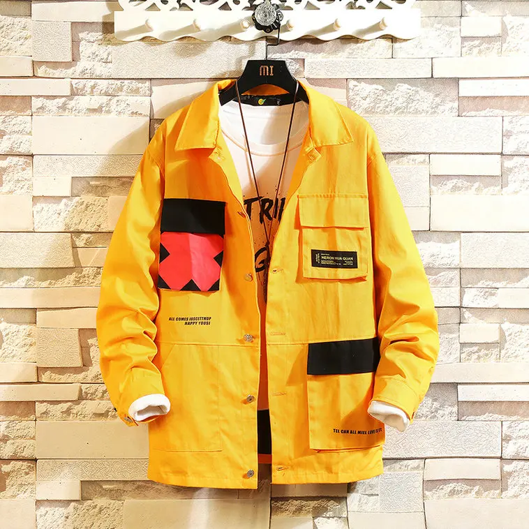 Уличная Весенняя мужская куртка с несколькими карманами, хлопковые мужские куртки карго, пальто, повседневное Мужское пальто в стиле хип-хоп, Новинка - Цвет: Цвет: желтый