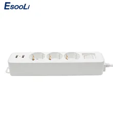 Esooli блок питания двойное зарядное устройство usb порт 3 AC ЕС розетка удлинитель патрона Кнопка питания Защита от перенапряжения 2 м Чистый медный провод