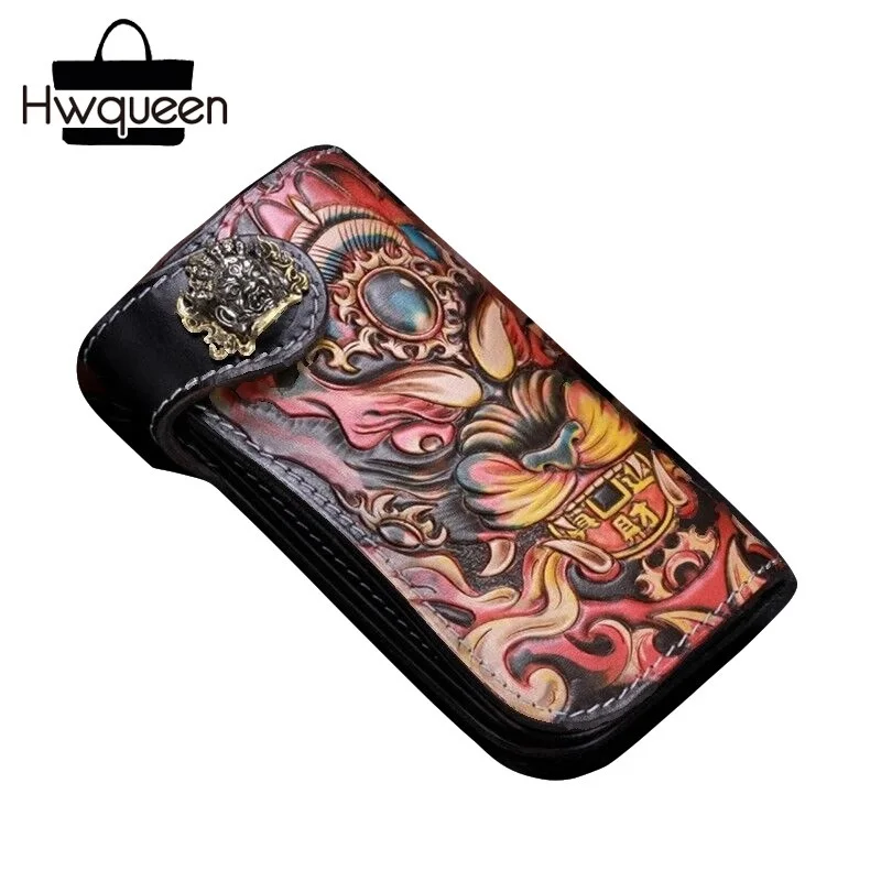 

High Value Genuine Leather Hand Engraved Male Long Coin Wallet Great Handcraft God of Wealth Carved Designer Men Card Holder