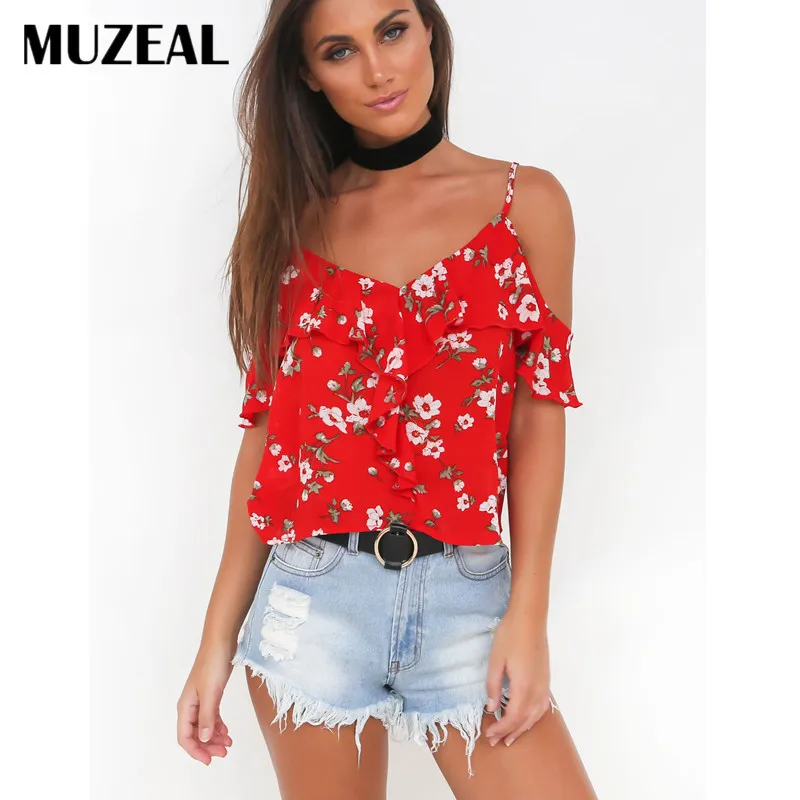 MUZEAL Hot Sexy Girls Floral Red Slip T Shirts Top V Neck Off Shoulder