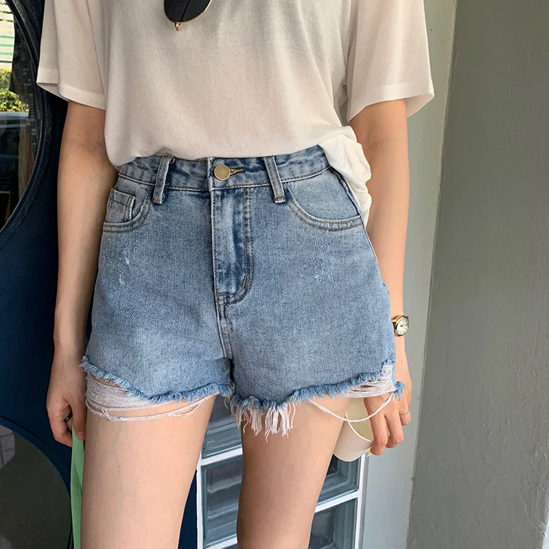

2019 New Product Korean Edition Personality Rip High Waist Loose Leisure Wide Legs Cowboy Short Fake Zippers Jeans Pants Woman