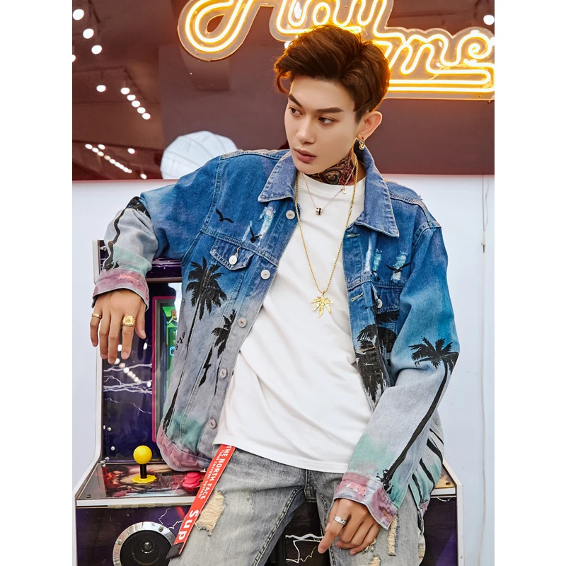 UNCLEDONJM Palm tree denim outerwear coat mens clothing urban streetwear hip hop jacket for men destroyed jeans jacket men 231W UNCLEDONJM Palm tree denim outerwear coat mens clothing urban streetwear hip hop jacket for men destroyed jeans jacket men 231W