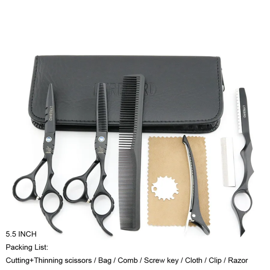 Черные ножницы для волос 5,5 дюймов или 6 дюймов с голубым камнем, японские парикмахерские ножницы, парикмахерские ножницы, Lyrebird, новинка - Цвет: Suit 5.5 with razor