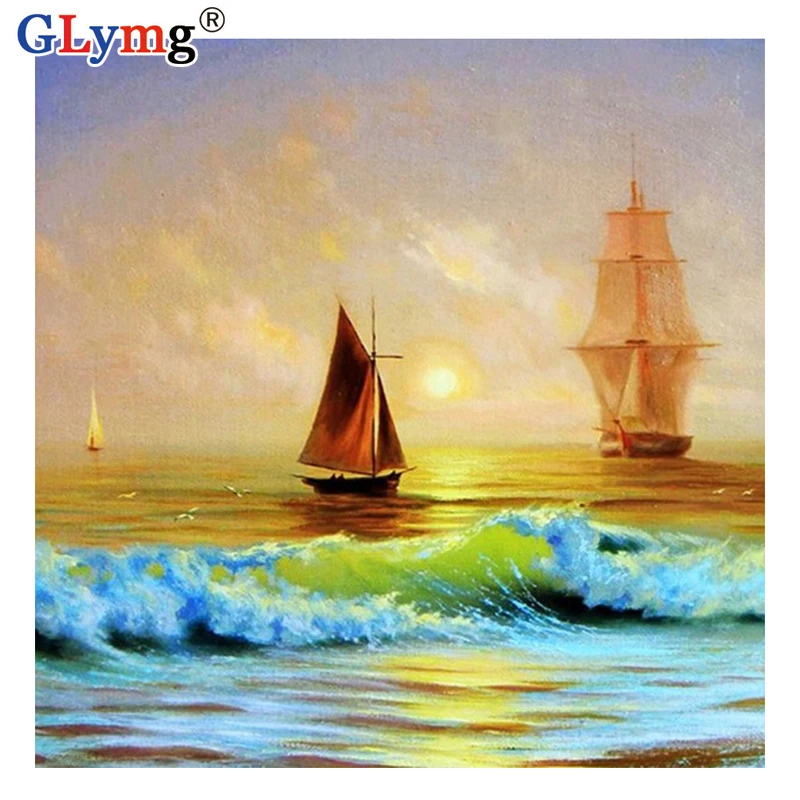 GLymg Full Drill Sailboat Ocean Diamond Painting Cross Stitch 5d Diy Diamond Embroidery Home Mosaic Decoration Wall Sticker