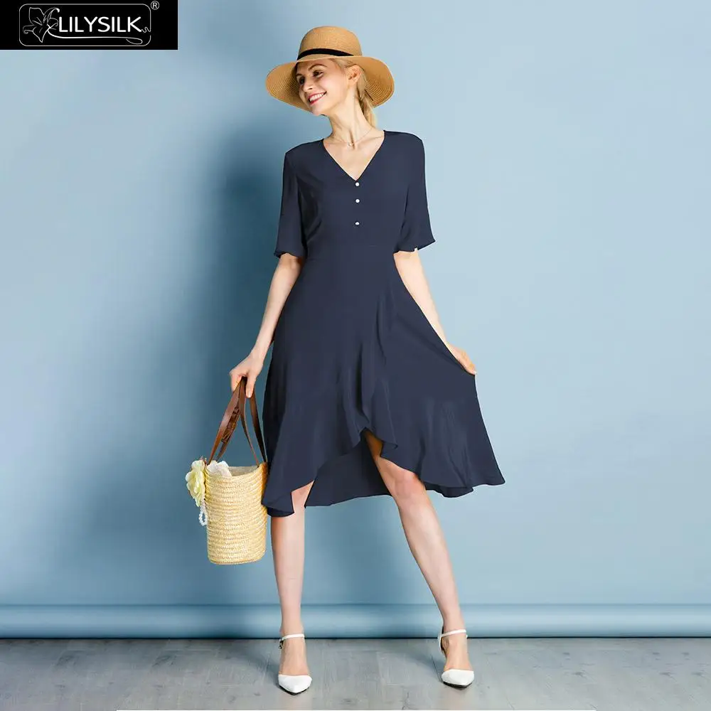LILYSILK платье женская одежда женские летние шелковые вечерние с рюшами и v-образным вырезом Новинка - Цвет: Navy Blue