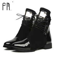 Women Boots Genuine Leather Flat Martin Ankle Boots Womens Motorcycle Boots Autumn Shoes Women Winter Patent leather Botas 35-43