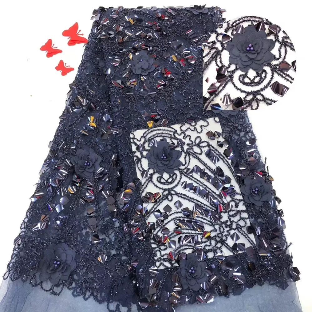 

Navy blue sequence African 3d lace fabric high quality beaded french tulle sequins lace 2019 bridal Nigerian wedding lace Dubai