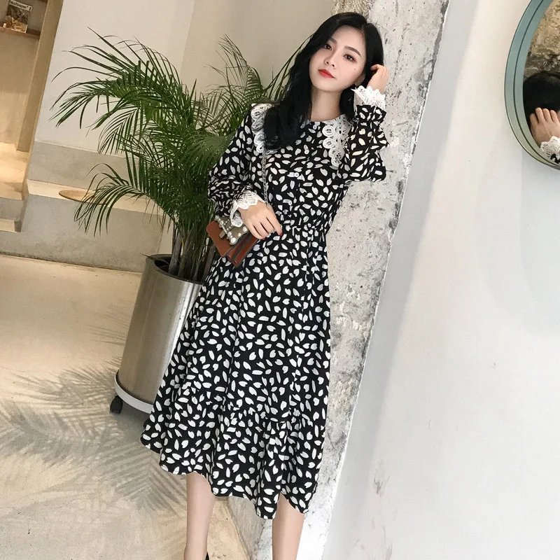 

Women chiffon dress 2019 autumn winter female vintage long sleeve peter pan collar pleated dress loose a-line casual dresses