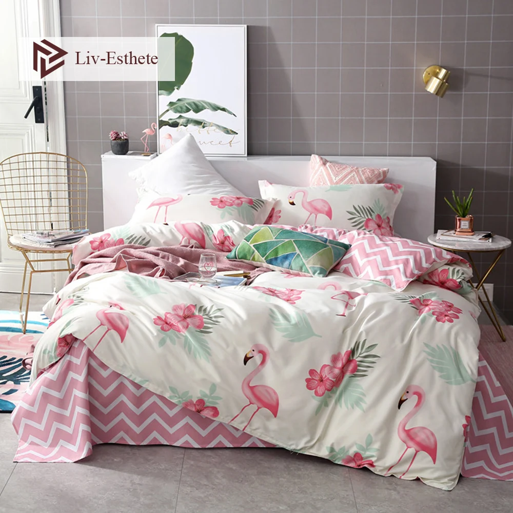 

Liv-Esthete Pastoral Flamingo Bedding Set Double Queen King Duvet Cover Flat Sheet Pillowcase Bed Linen Bedspread For Adult