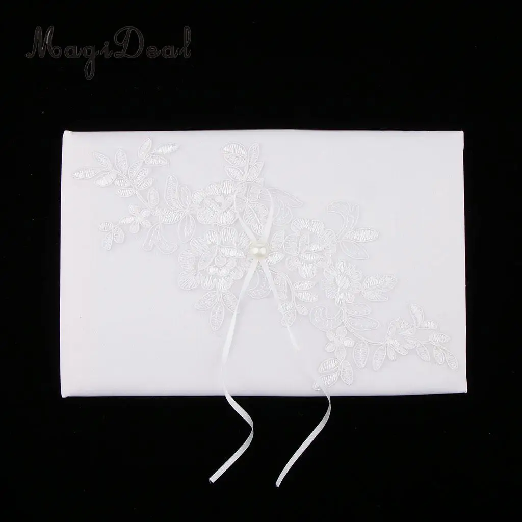 MagiDeal Wedding Ceremony Party Signature Guest Book Pearls Lace Flower Applique Guestbook