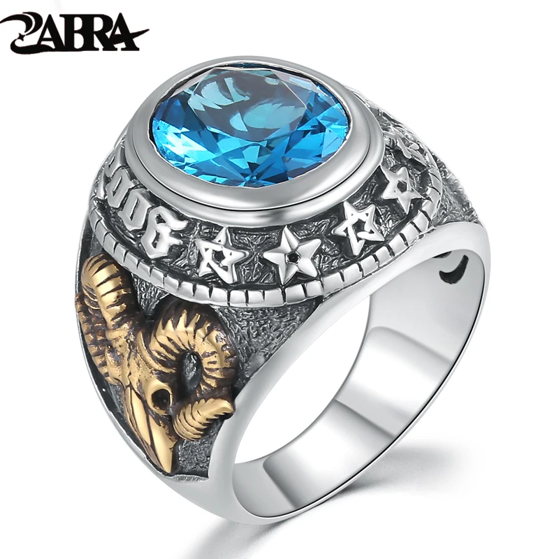 ZABRA 925 Homens Anel de Prata Zircão Azul Pedra Do Punk Do Vintage rocha Ouro Cabeça de Ovelha Artesanal Tailandês Mulheres Anéis de Prata Esterlina jóias