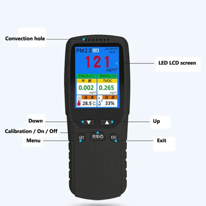 8 в 1 PM2.5/HCHO/TVOC/AQI качества воздуха Температура монитора измеритель влажности