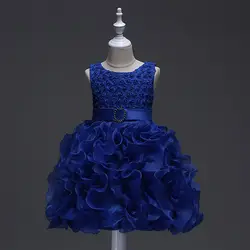X016 дети Праздничное платье Короткое бальным девочек по колено Королевский синий из органзы для девочек в цветочек платья