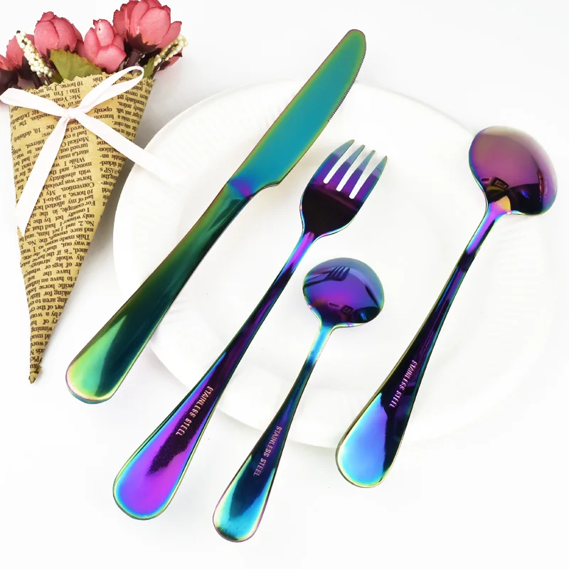 Многоцветный Набор радужных столовых приборов 4 шт набор посуды черный набор столовых приборов вилка нож из нержавеющей стали столовые приборы набор домашней посуды - Цвет: colorful