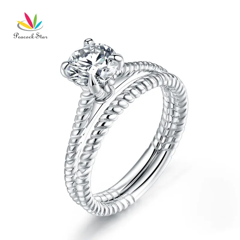 

Peacock Star Promise Engagement 2-PC Solid Sterling 925 Silver Twist Solitaire Ring Set Bridal Jewelry CFR8291