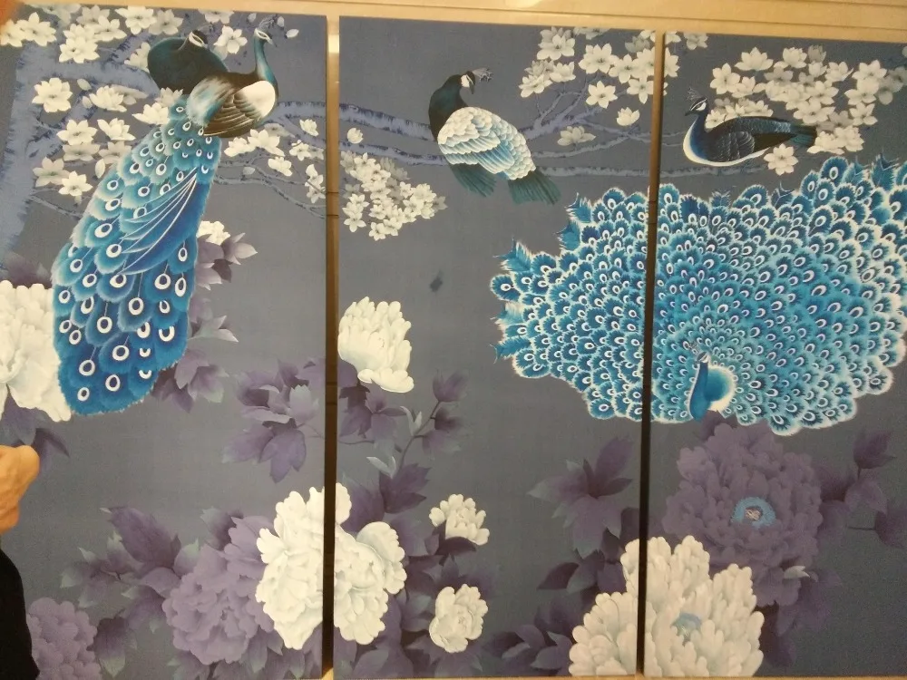 

Luxurious Hand-painted silk wallpaper painting flowers with peacock birds many patterns and background optional