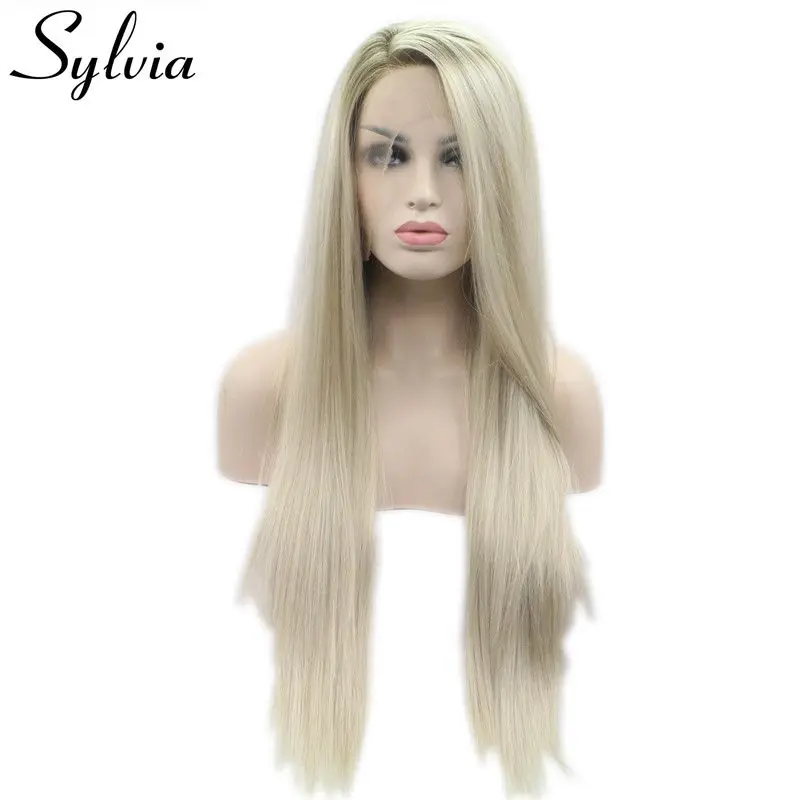 

Sylvia Heat Resistant Hair Ombre Blonde Synthetic Lace Front Wig For Women Side Part Long Silky Straight Wig Half Hand Tied