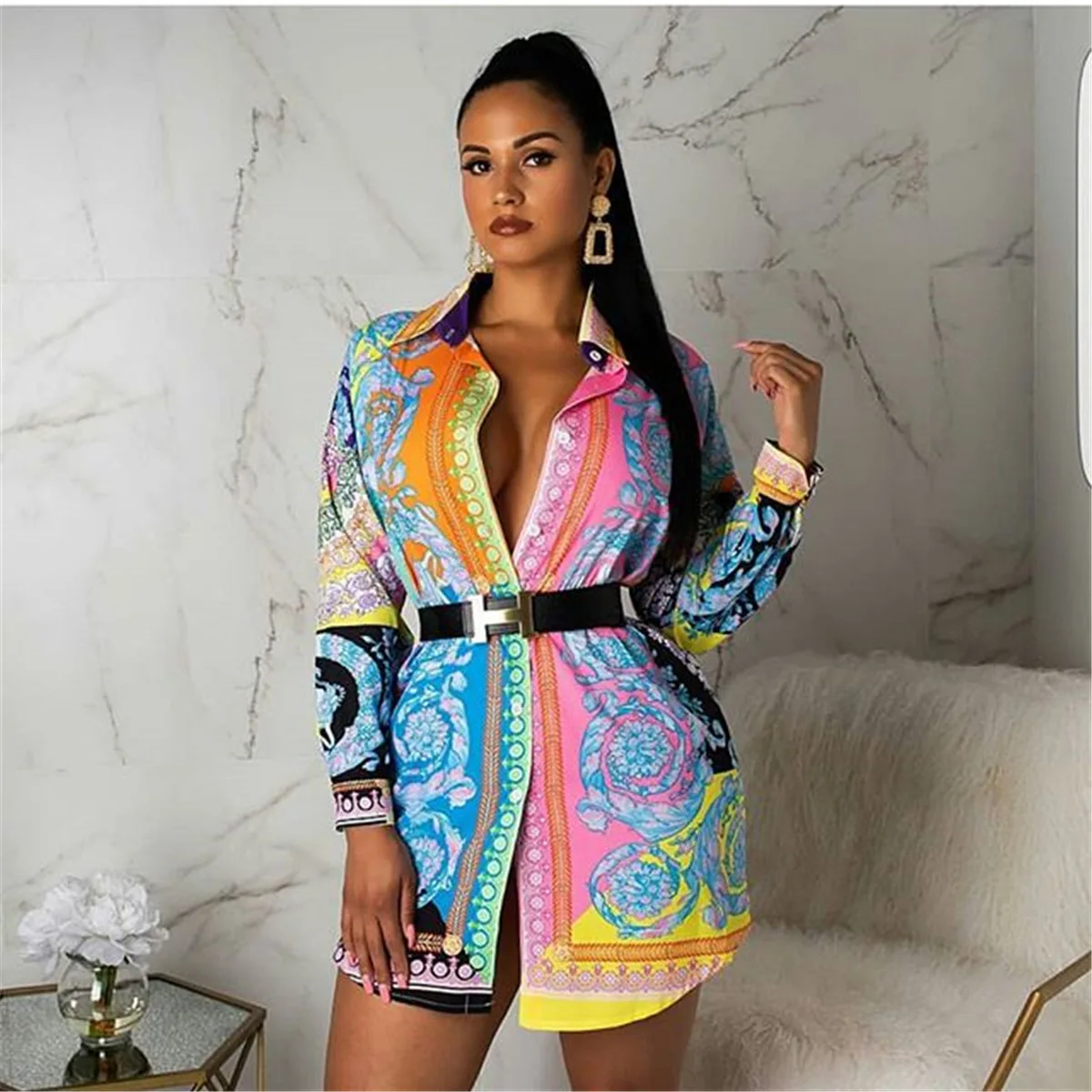 2019 European and American positioning printed long style shirt