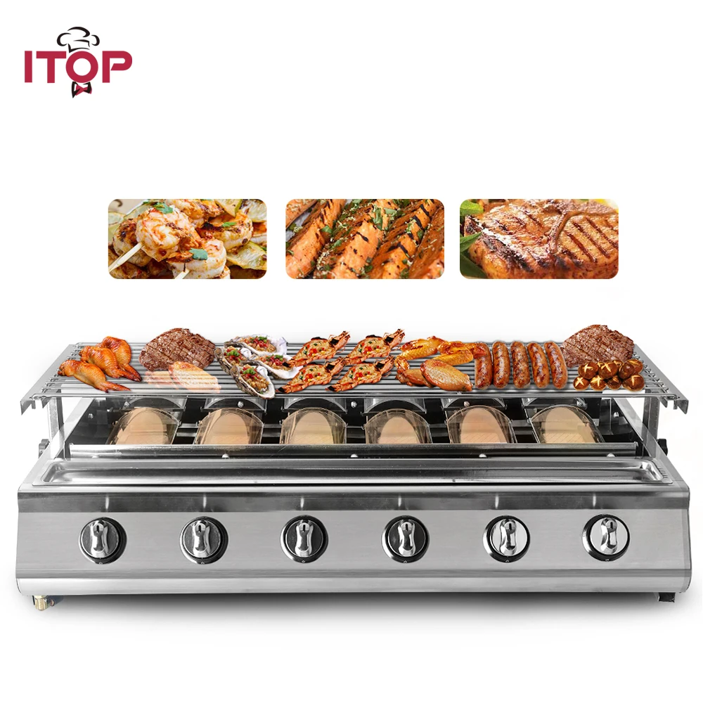 ITOP 6 Burners BBQ Grill LPG Gas Grill Smokeless Glass Shield Stainless Steel For Outdoor Picnic Barbecue Adjustable Height 10 plate bronze coloured folding outdoor camping cooking gas stove windshield aluminium alloy wind screen cooking shield