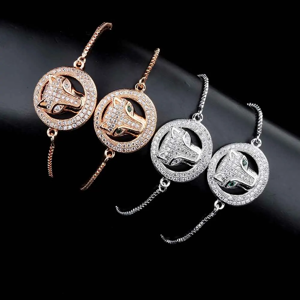 

Wolf Head Adjustable Bracelet Animal Charm Thin Chain Color Zircon Micro Paved Gold Silver Color Jewelry Drop shipping Wholesale