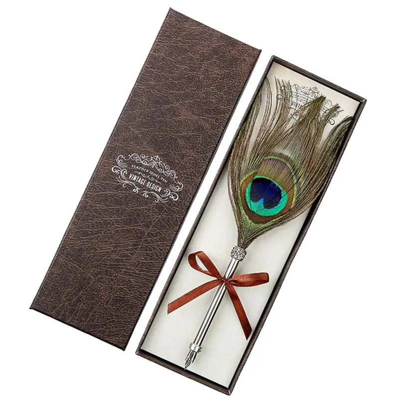 Creative Craft Vintage Feather Pen Vintage Carved Stainless Steel Felt Pen Signature Gift Peacock Feather Pen Set