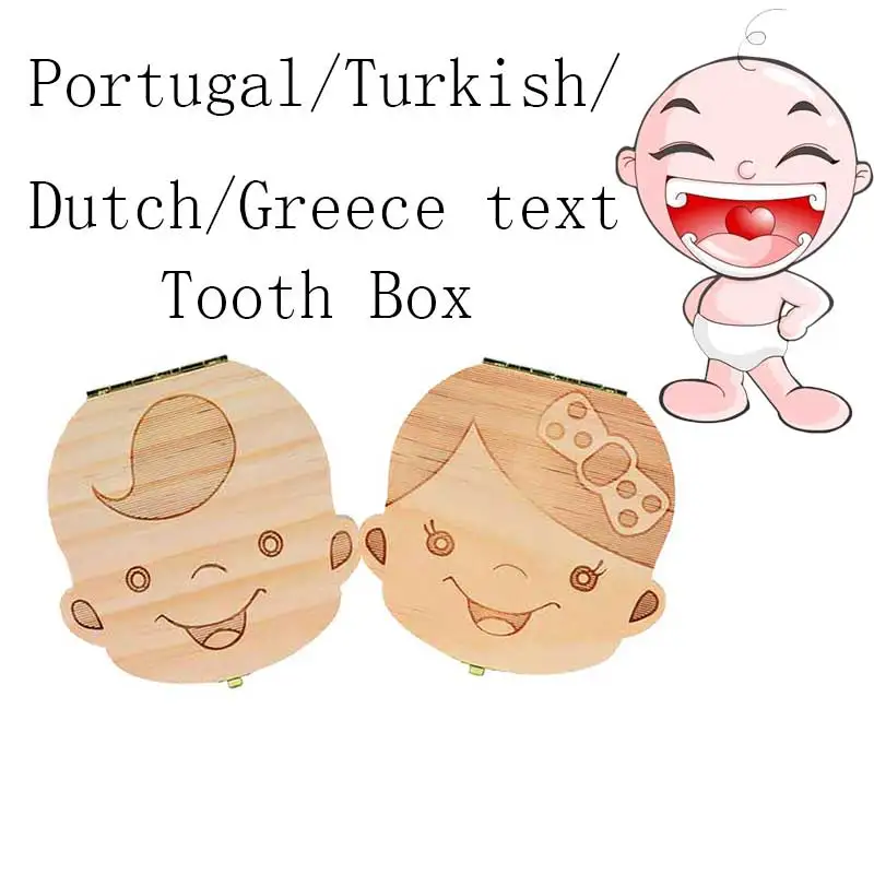 2019 Tooth Box Portugue / Spanish/English/Dutch/French/Russian/ Italian Wood Tooth Box Organizer Milk Teeth Wood Storage box