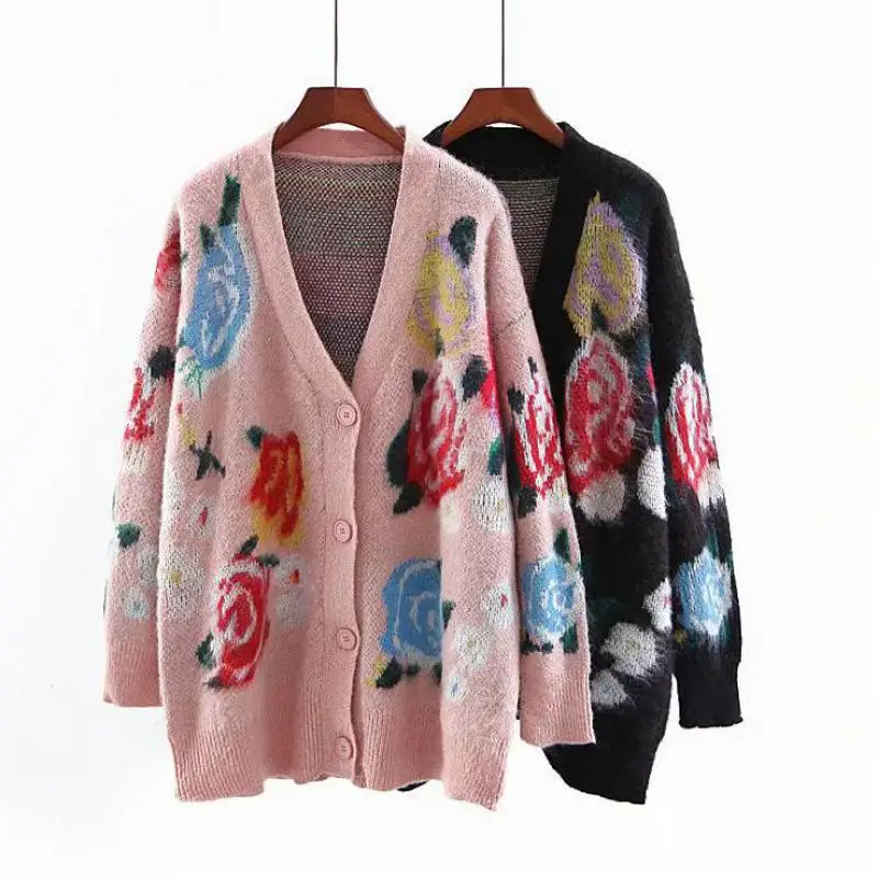 Cardigan 2018 Chandail Mode Manteau Black Rose De Couleur Contraste Fleur Longues Hiver cou V Noir pink Joker Manches Femmes Mohair Et Uswmie AArTq