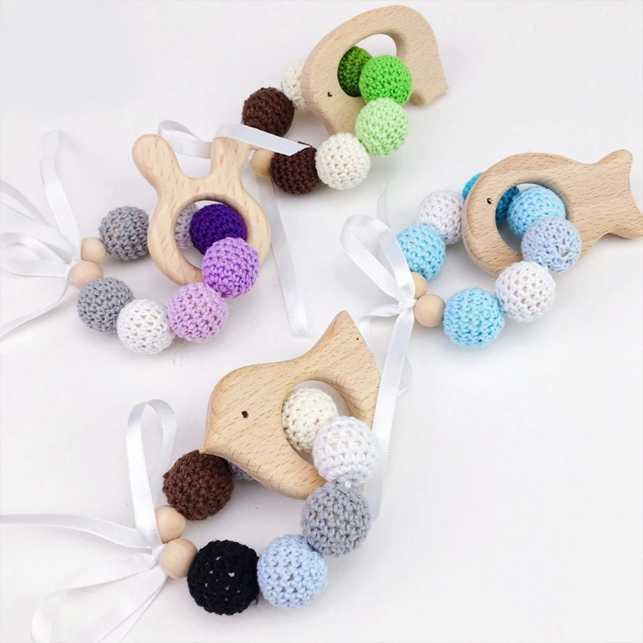 

4 Style Bracelet Baby Teether Animal Crochet Natural Baby Wooden Toys Wearing Breastfeeding Bracelet Teether Toys Wooden Teether