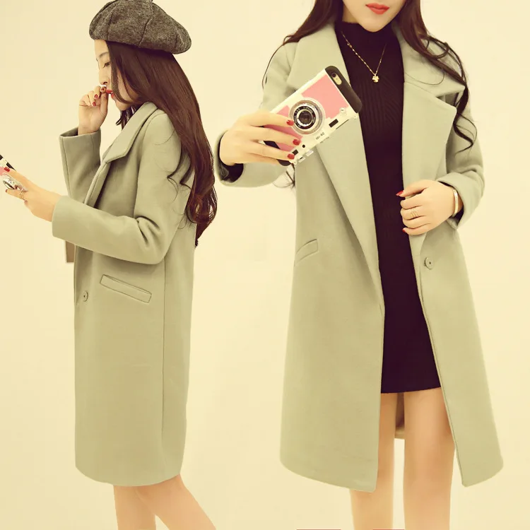 wide waisted light green wool coat women long slim One