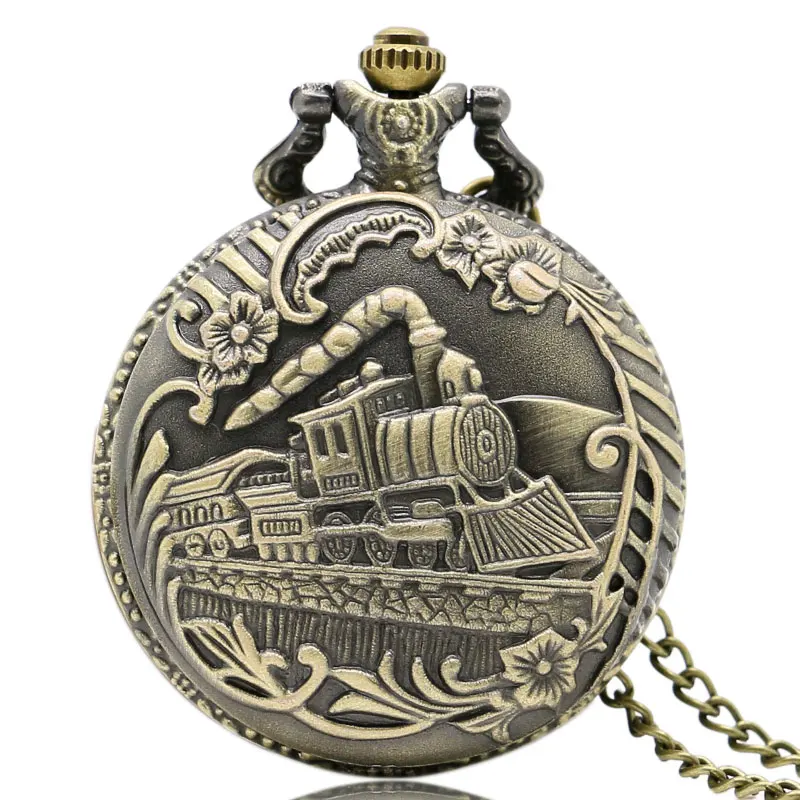 Прохладный поезд Передняя локомотив дизайн латунь кварцевые карманные часы с цепочка на шею для мужчин Для женщин