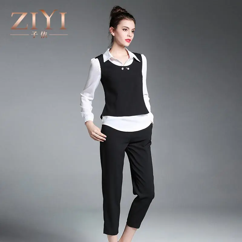 ZIYI Autumn Women Pant Suits Business Work Pearl Vest White Shirt Pencil 9 Pants Slim Elegant OL