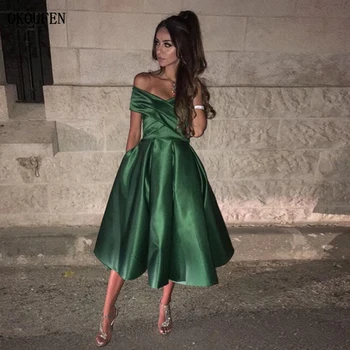 

Simple Green Short Satin Prom Dresses 2019 Pocket Tea Length Off the Shoulder Jade Custom Make Party Gowns vestidos de fiesta