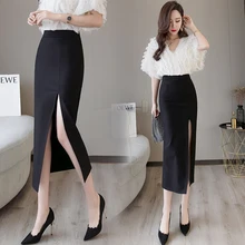 Black Sexy Plus Size Bodycon Pencil Long Skirts with Slit Womens High Waisted Elastic Red Bag Hip Skirt Step Skirt Clothes 2019