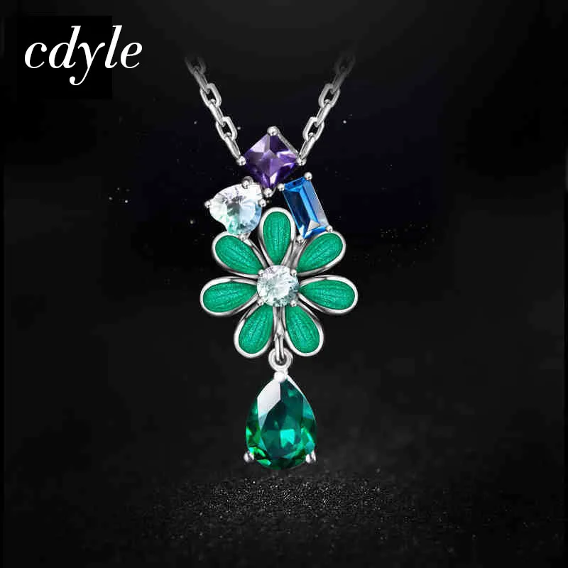 

Cdyle Crystals from Swarovski Enamel Women Necklace & Pendants S925 Sterling Silver Fashion Jewelry Green Flower shape Brincos
