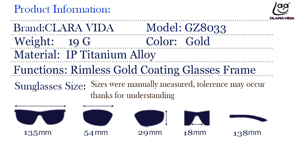 Clara Vida 2017 IP Титан для мужчин квадратный коммерческих без оправы Золотые очки Рамки очки для чтения женщин Близорукость фотохромные линзы