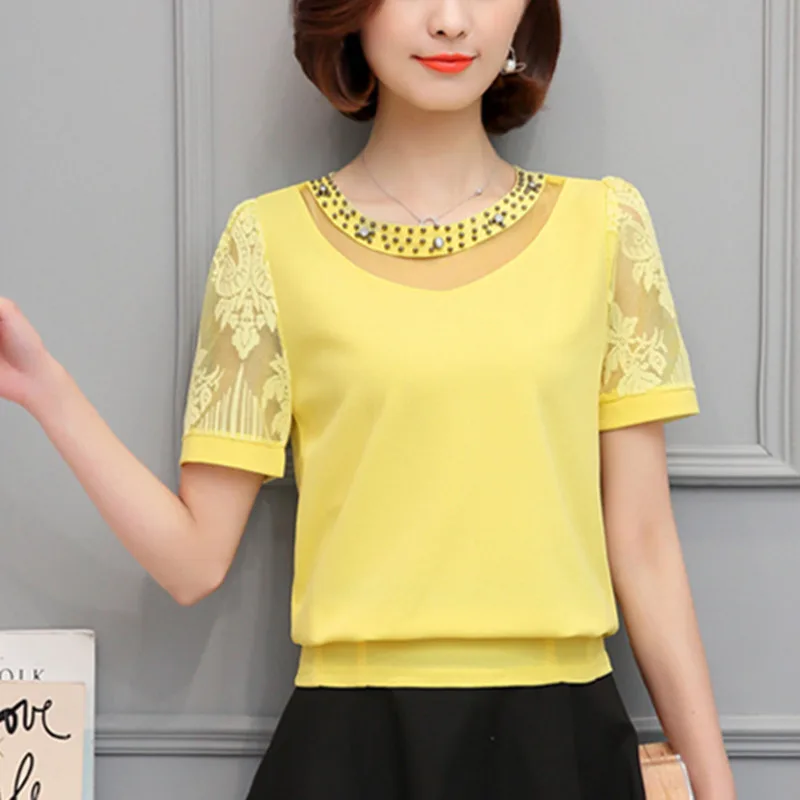 

Lady Fashion Lace Shirt 2018 Summer New Womens Tops And Blouses Short Sleeve O-Neck Diamond Spliced Hollow Casual Chiffon Blouse