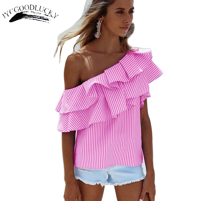 

Summer Off Shoulder Blouses Ruffles Striped Tops Women Shirts Plus Size Women Clothing Short Sleeve Elegant Top Blouse For Women