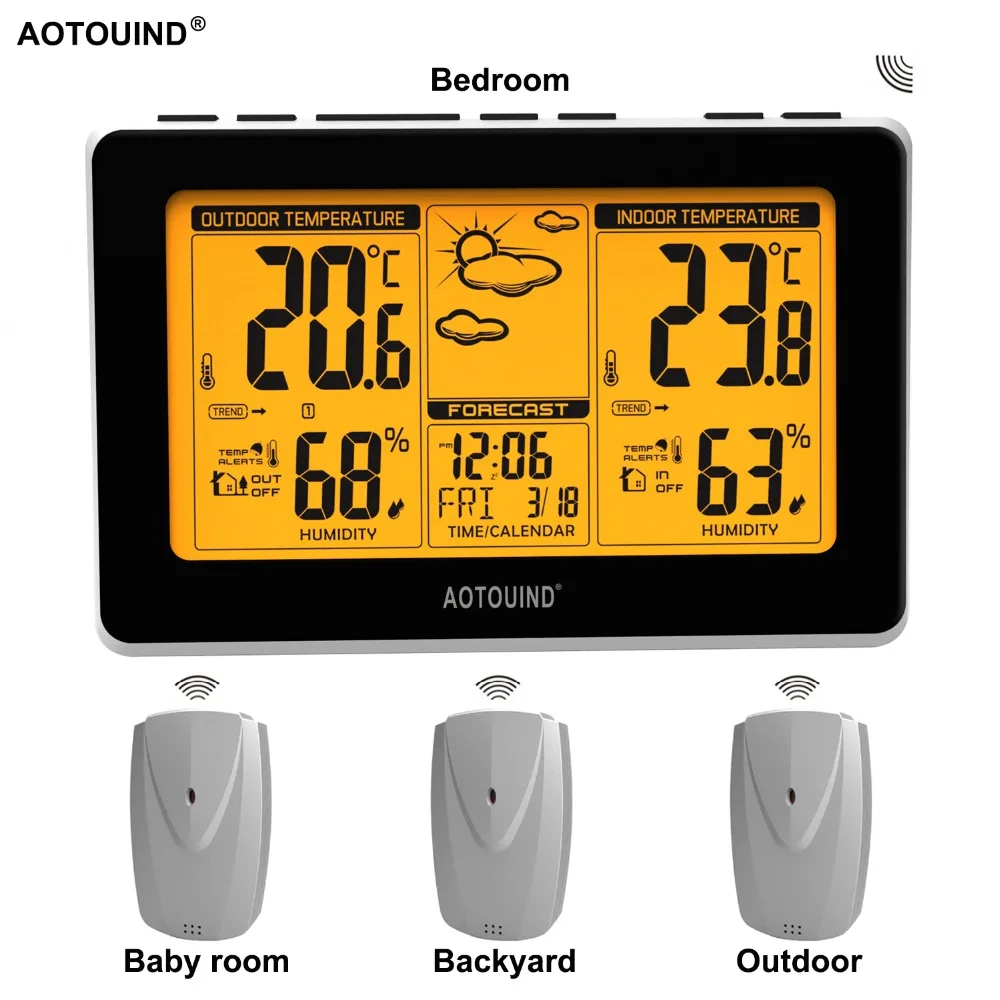

AOTOUIND Wireless Weather Station Clock with Indoor Outdoor Thermometer Hygrometer and Temperature Alerts #T02+3 Sensors