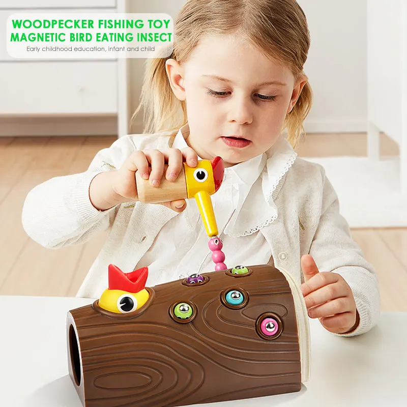 

Fishing Toys Woodpecker Toys Magnetic Fishing Bug Fishing Toy Wooden Hobby Home Practice Novelty Toy Set Gift Woodpecker