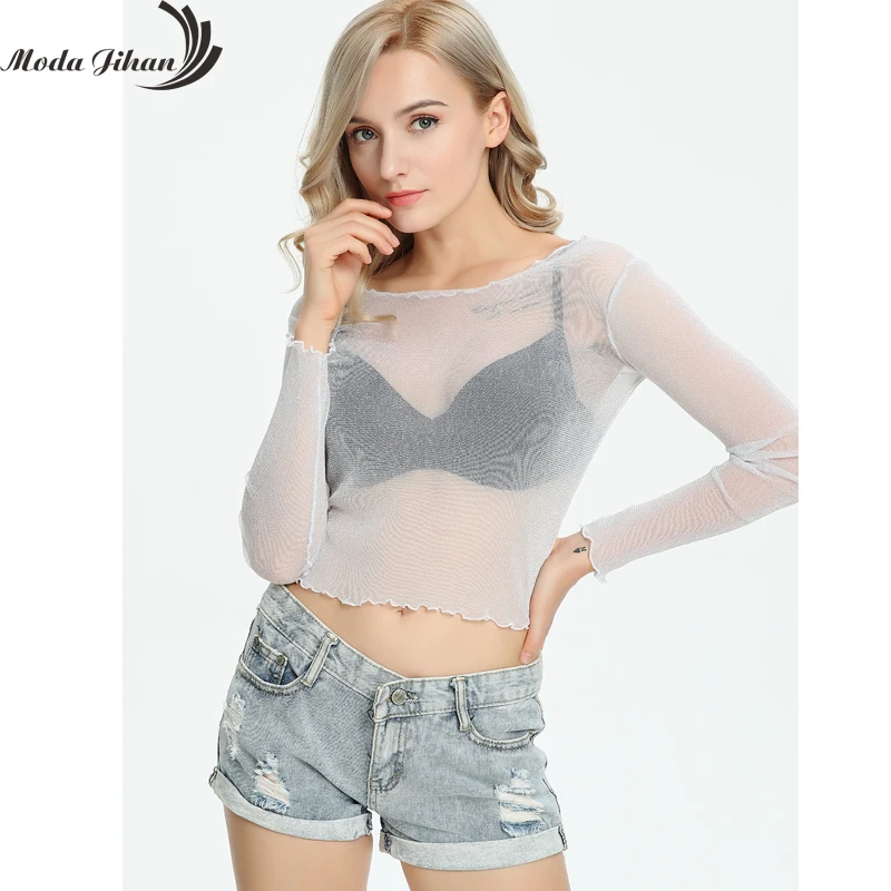 Moda Jihan сексуальные женские футболки прозрачные сетчатые топы с блестками