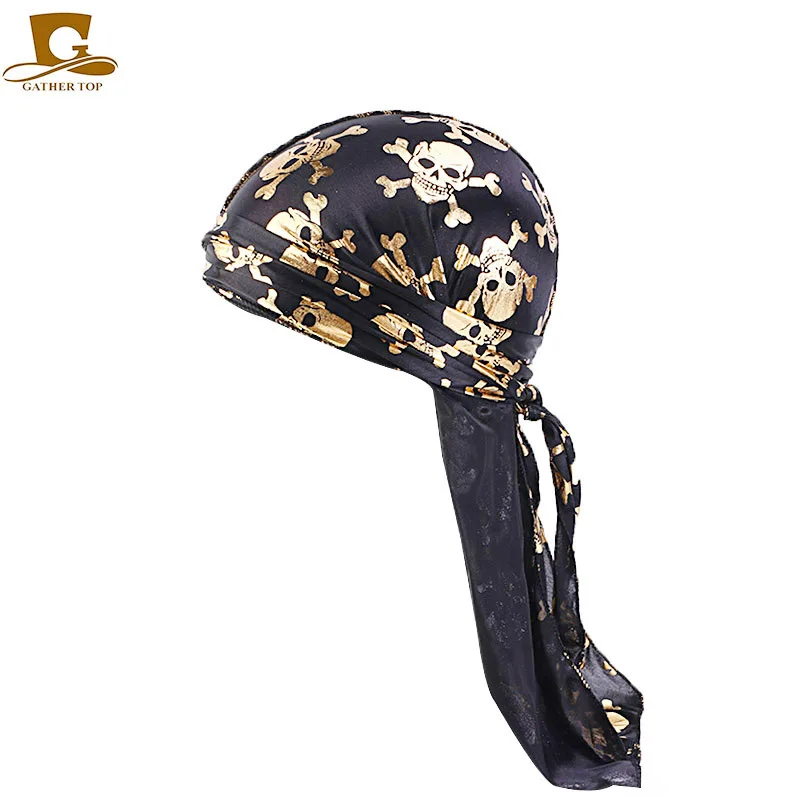 Новый золотой череп шаблон durag du rag тюрбан шляпа шелковистая Durags банданы головные