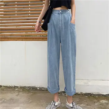 

HziriP Straight Light Washed Vintage Casual Button Fly Loose Jeans High Waist All Match 2019 Autumn Women Female Denim Pants