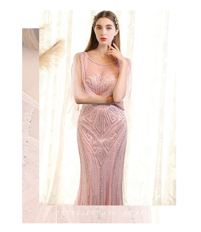 Luxury Pink Sheer Neck Crystal Beading Vestidos De Festa Backless Mermaid Formal Long Evening Dresses Prom Party Gowns