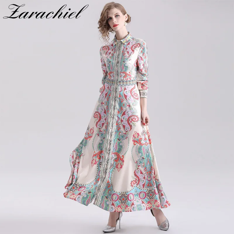 

Newest 2019 Fall Runway Maxi Dress Women's Long Sleeve Single-Breasted Retro Printed Celebrity Evening Party Long Dress vestidos