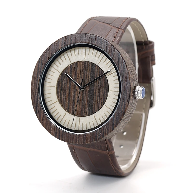 BOBO BIRD Round Wooden Case Mens Watches Simple Wood Dial Leather Wristwatch in Gift Wooden Box