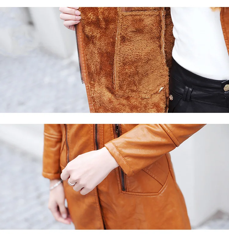 Модные женские осенне-зимние длинные кожаные куртки из искусственной кожи с меховым воротником, теплая кожаная верхняя одежда, пальто, тонкая ветровка