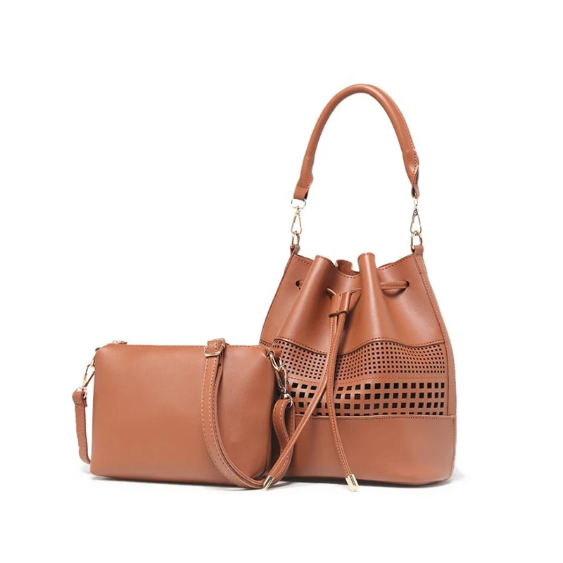 

2pcs/set New Bucket bag women Hollow Out Crossbody Bags brown color tote bag PU Leather Drawstring Shoulder Messenger Bag 2019